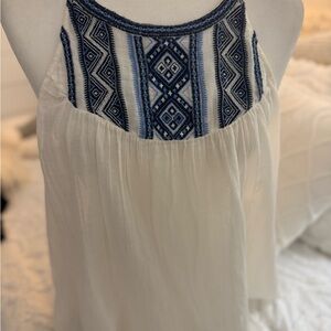 Joie White Tank Top with Blue Embroidery